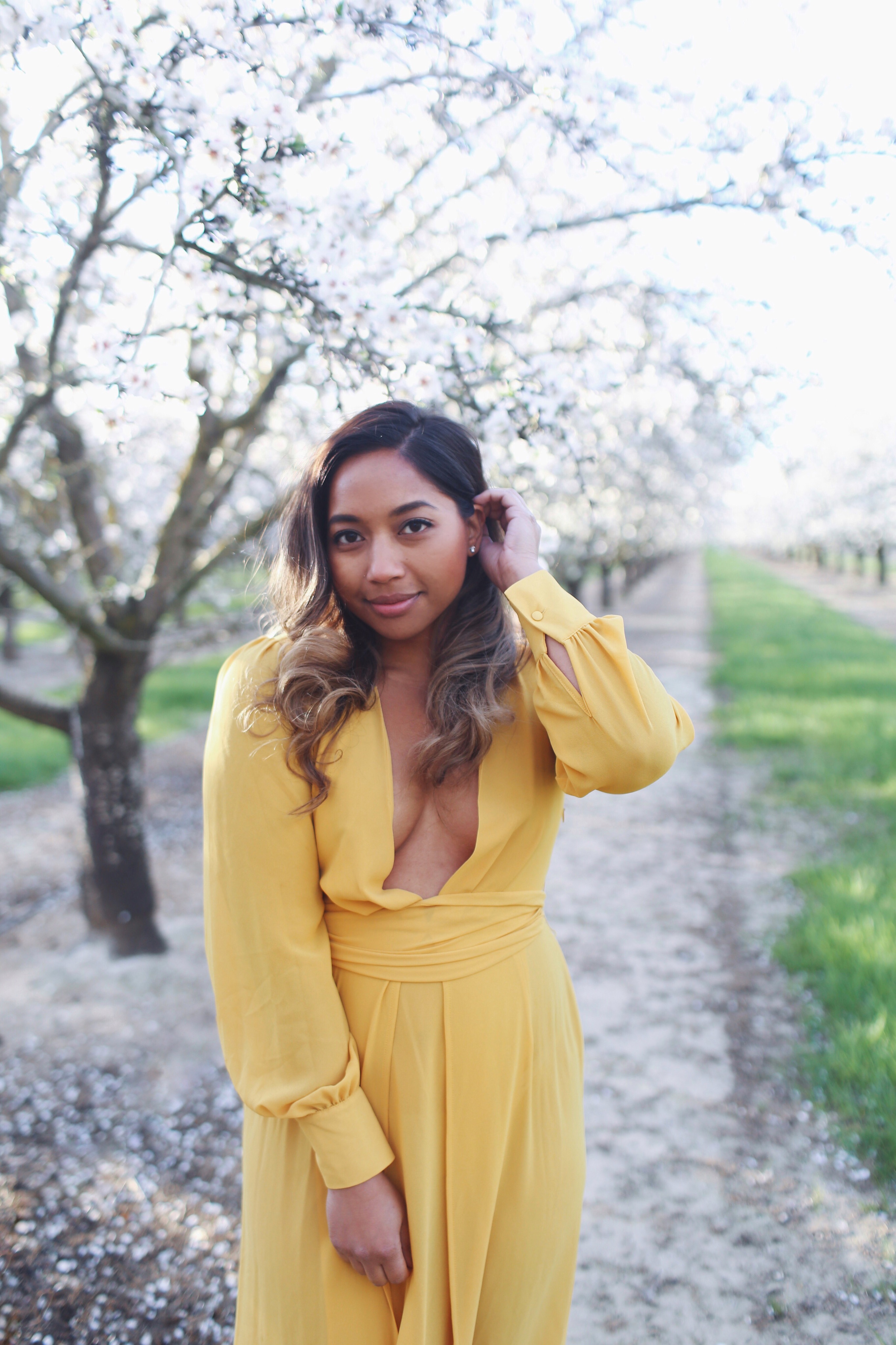 almond blossoms in california, spring bloom, Just In A City, flowers, yellow dress, wanderlust